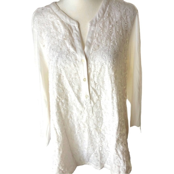 CB Lace Front Overlay Popover Top Women XL White Half Button Front Long Sleeved - Picture 1 of 7
